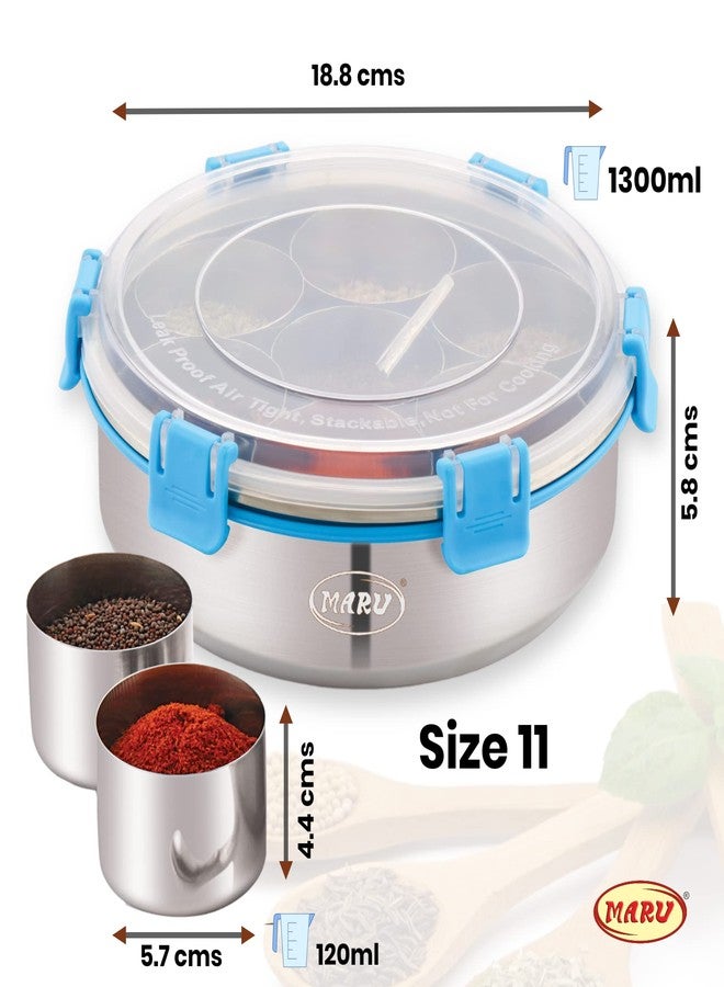 مارو علبة توابل مارو من الفولاذ المقاوم للصدأ | علبة ماسالا من الفولاذ المقاوم للصدأ | علبة ماسالا للمطبخ من الفولاذ | علبة ماسالا للمطبخ بغطاء بلاستيكي، 7 حاويات وملعقة واحدة - (قطر 18.8 سم) (أزرق) - Image 2